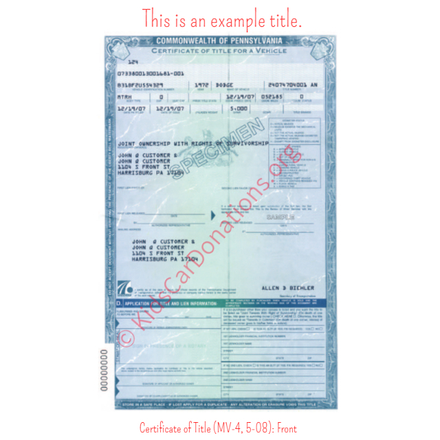 This is an Example of Pennsylvania Certificate of Title (MV-4, 5-08) Front View | Kids Car Donations